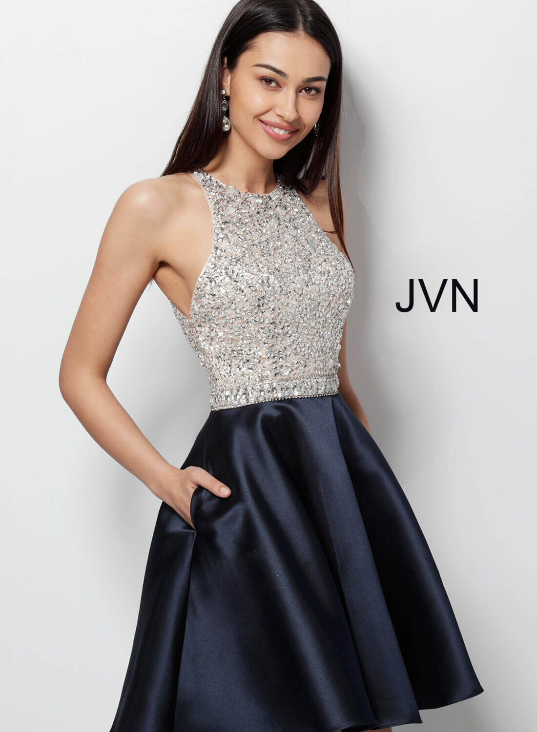 JVN57782 Dress | Ivory fit and flare beaded high neck dress